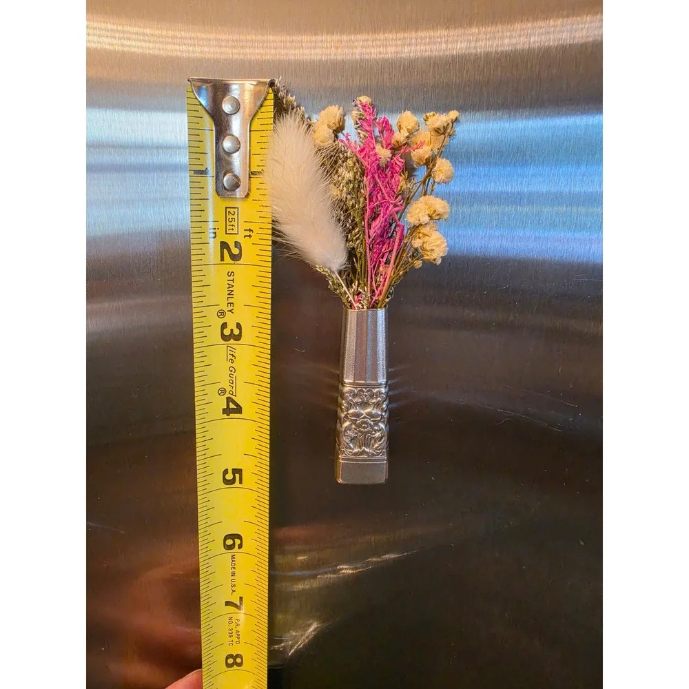 VTG Silver Plate Magnetic Bud Vase with Dried Flowers Floral Refrigerator Art